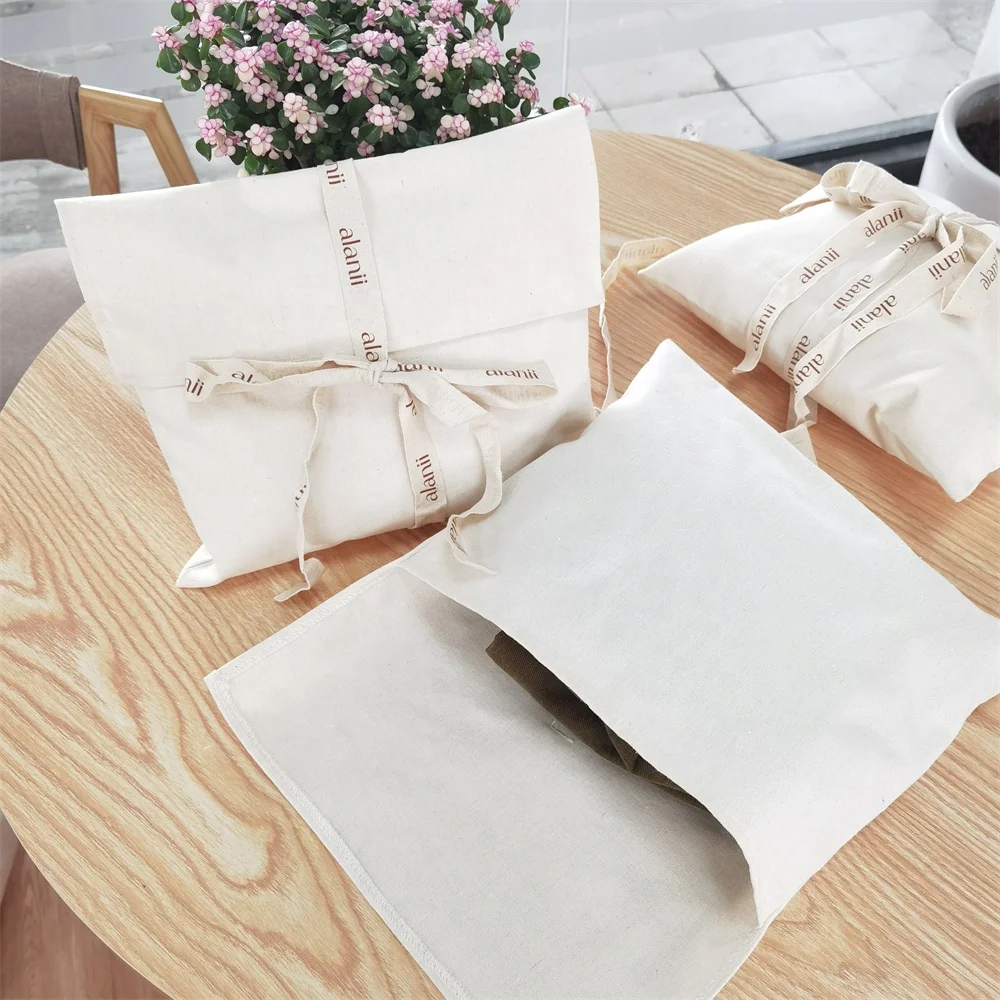 Chuanghua Custom Logo Printed Envelope Muslin Calico Pillow Wallet Pouch Bag Natural Ribbon Canvas Envelope Dust Bag