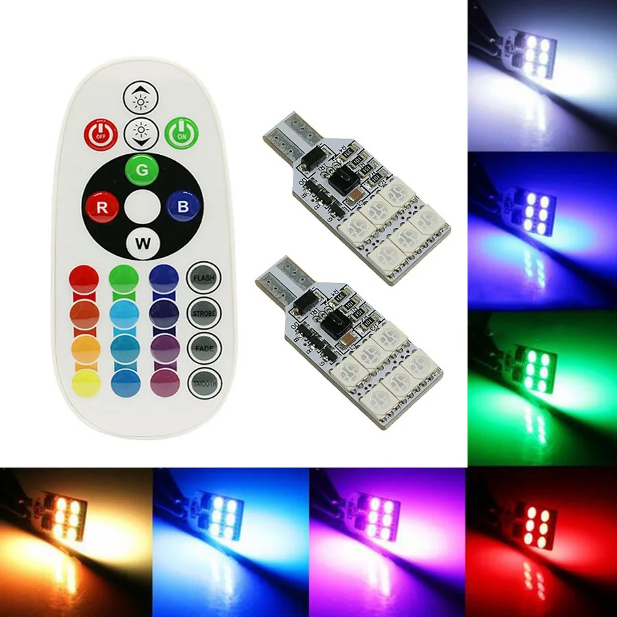 12V RGB W5W T10 5050 12SMD Led Lamp Bulbs Auto Dome Reading lights Indicator Door Light Dashboard Lights with Remote Controller