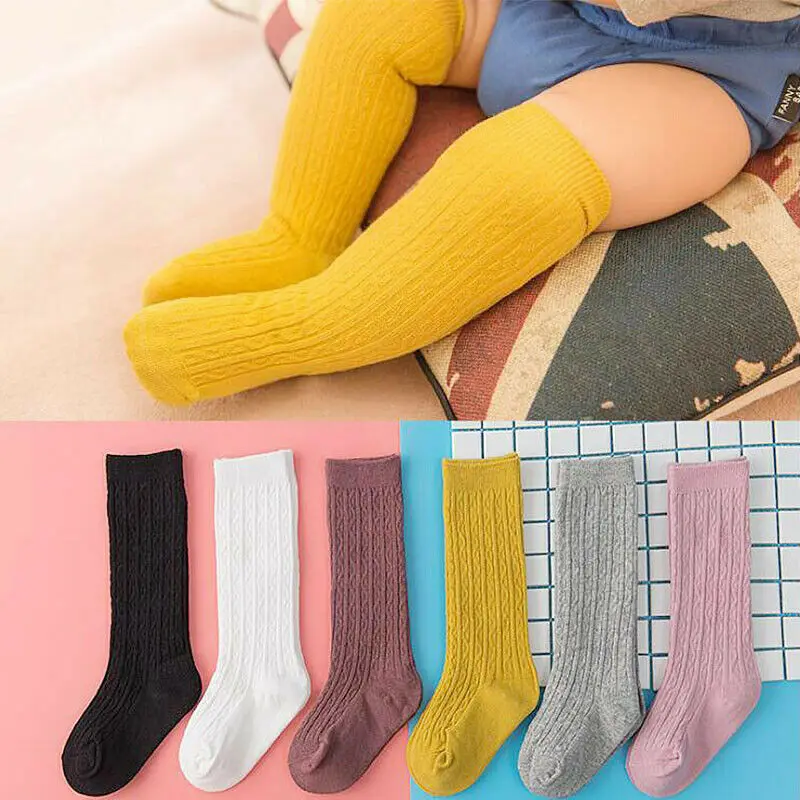 Autumn Winter Warm Infant Knee High Booties Socks Tights Solid Color Knitted Cotton Newborn Baby Girl Boy Knee High Socks