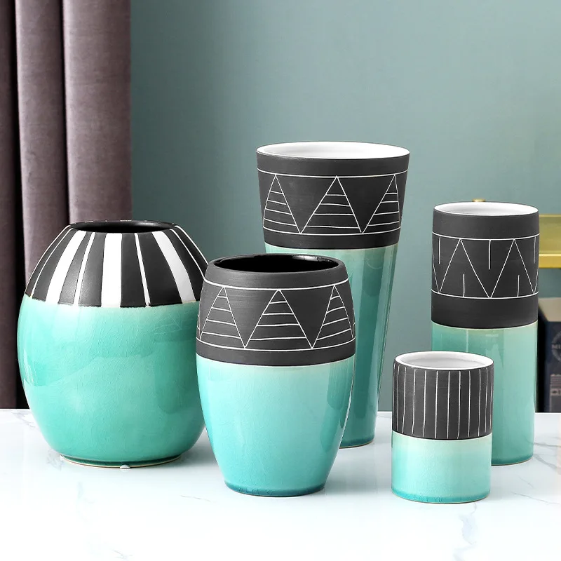  Black&Turquoise Cylinder Ceramic Vase Retro Finish for Home Decoration store shop