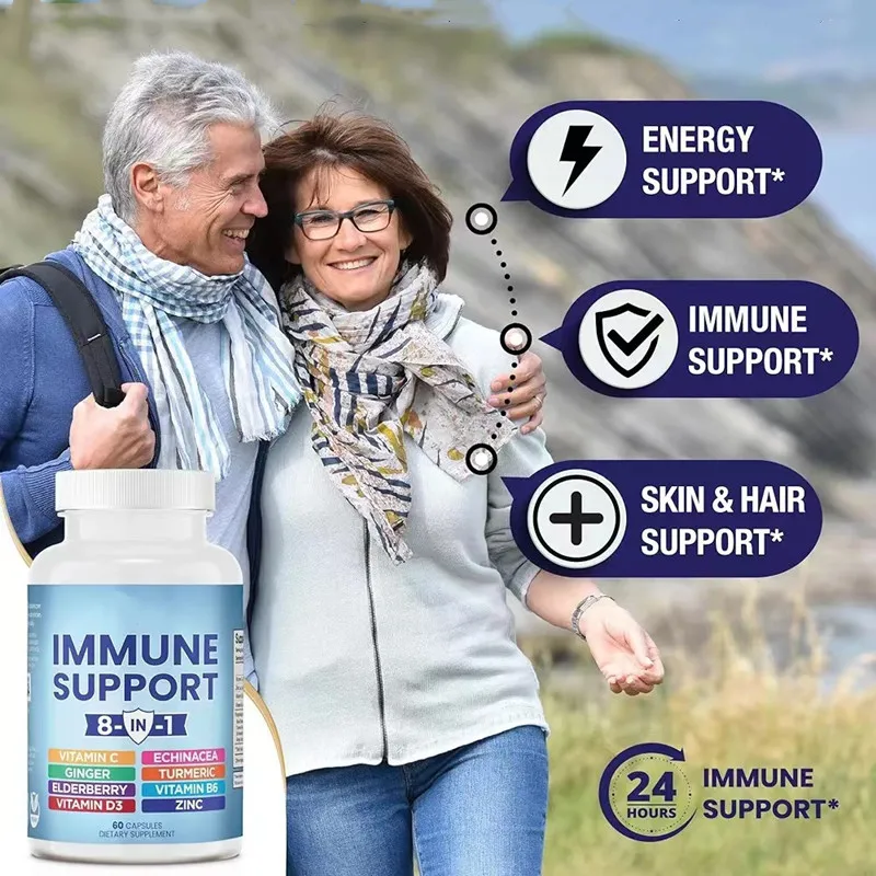 8 in 1 Immune Support Booster Supplement capsules Echinacea Vitamin C Zinc Vitamin D Turmeric Curcumin & Ginger B6, Elderberry