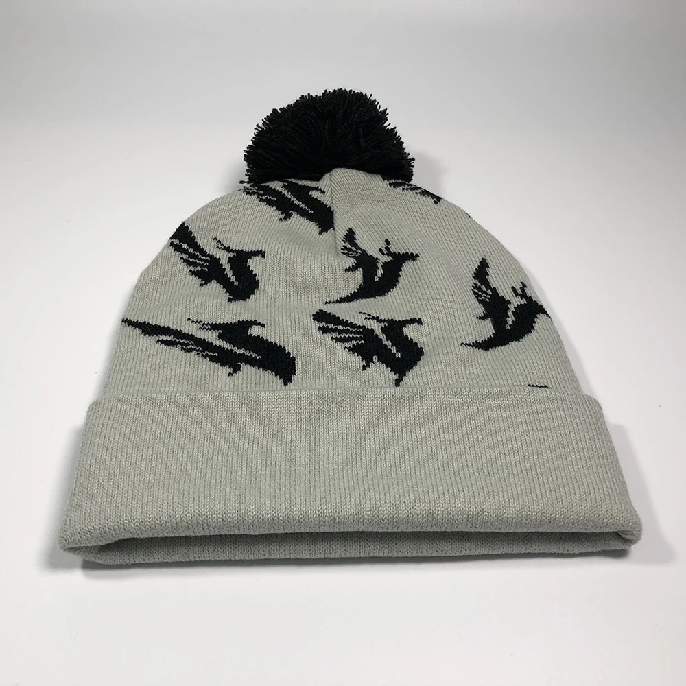 Russian winter hat with ball All over printed bird jacquard logo cuffed grey caps Custom logo outdoor sports pom pom beanie knit