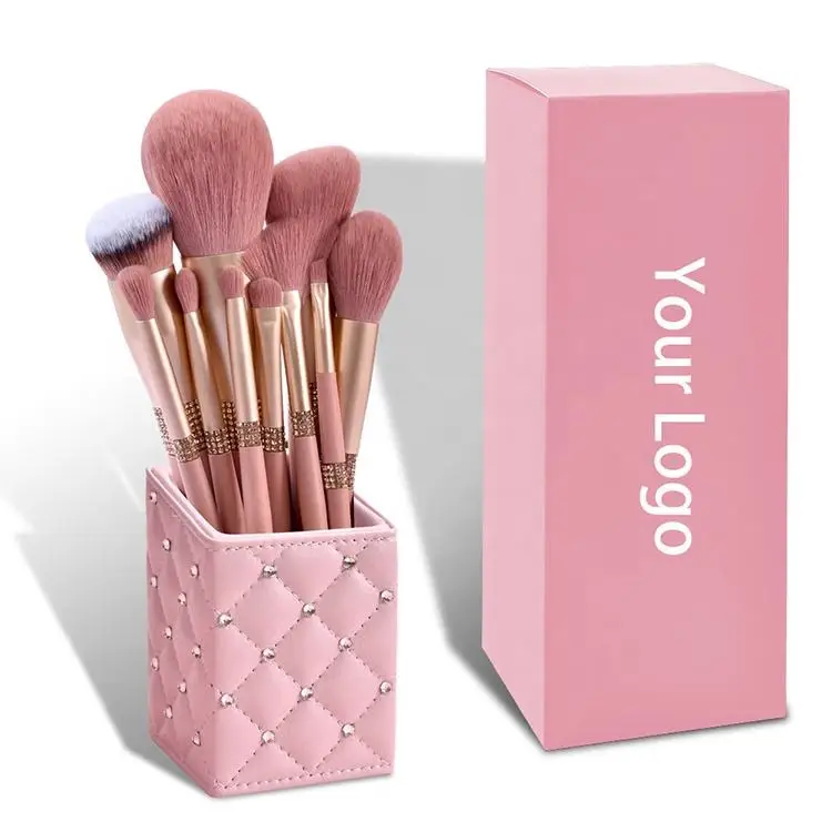 Low Moq Professional Custom Logo Pink Angled Kabuki Foundation Brush High Techniques Bling Makeup Brush Set High Quality