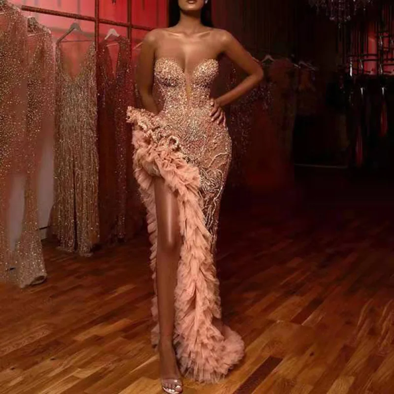  latest design solid color one shoulder shining sequin party dresses high slit full length maxi women