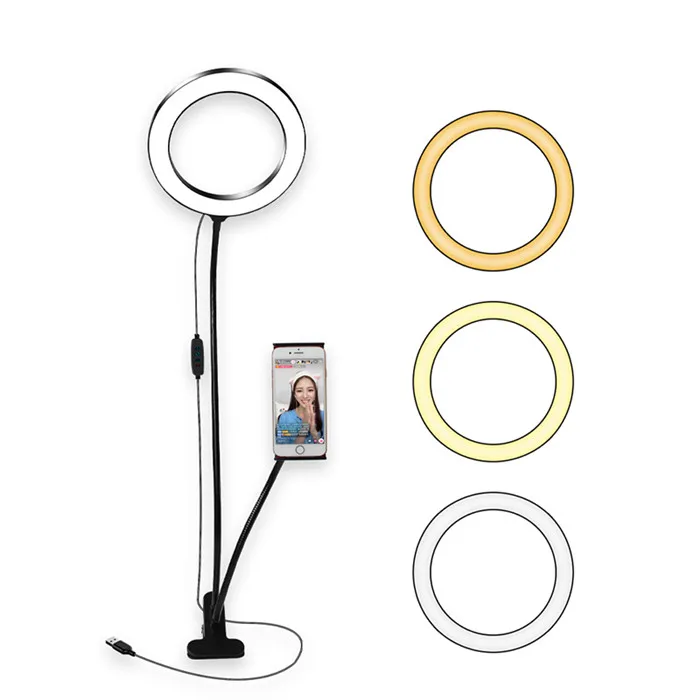 Flexible 3 in 1 Clips 8 Inch Table LED Selfie Ring Light With Cell Phone Holder for Youtube