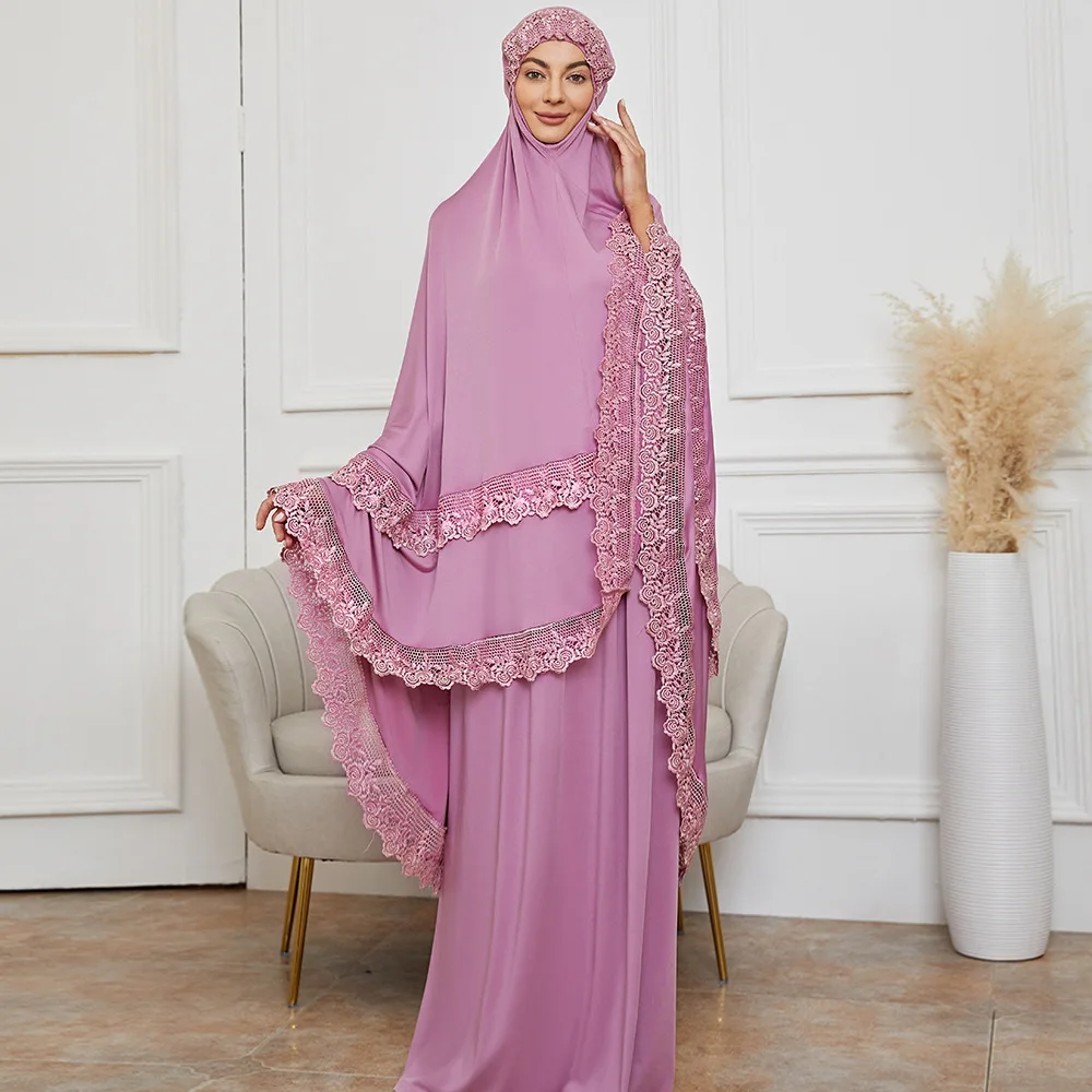Pink Embroidery Lace Women Islamic Clothing Two-piece Dresses Women Muslim Elastic Waist Indonesia Traditional Muslim Clothing
