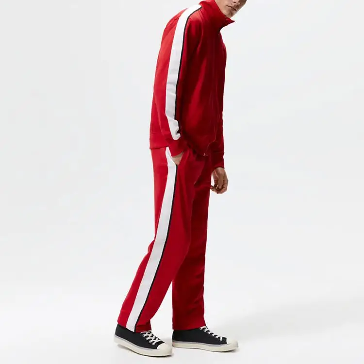 best sale custom logo cotton high quality elasticated unisex zipper fly hooded tracksuit sportswear jogger stripe men sweatsuit