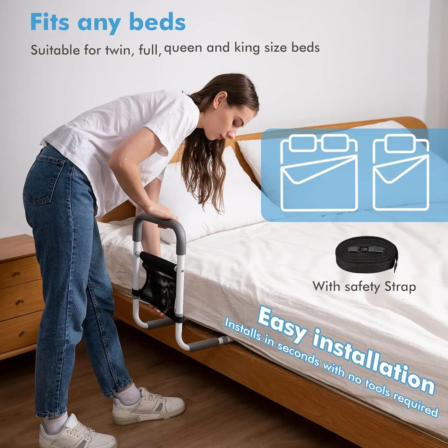 Bed Rails for Elderly Adults Safety Height Adjustable Bed Assist Rail for Seniors Bedside Grab Bar with Storage Pocket