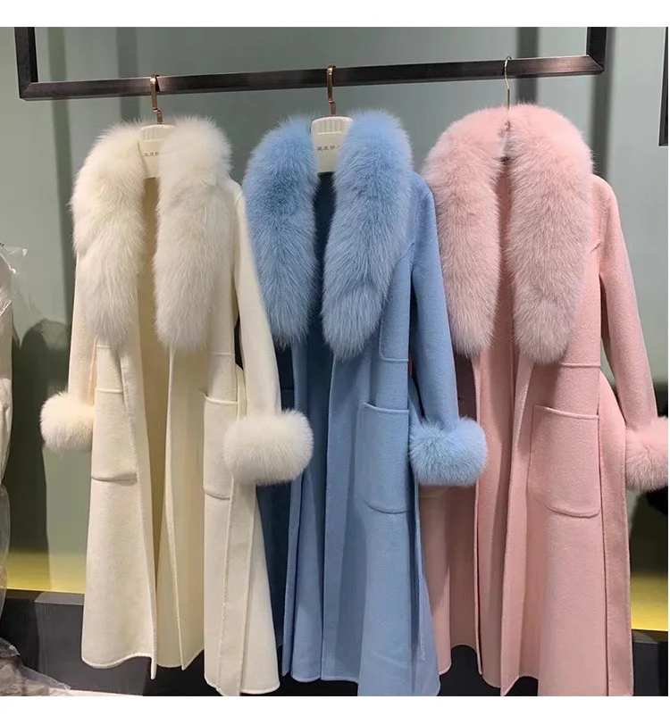 2022 New High Quality Fashion Long Warm Cashmere Wool Coat Women with Fur Collar and Cuffs