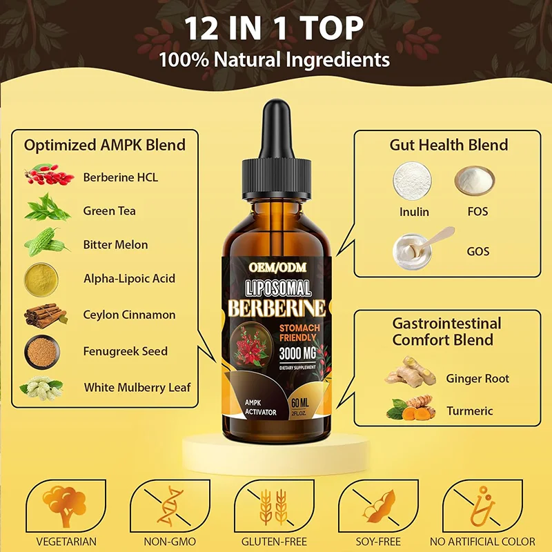 GMP factory Herbal Extract Supplements Berberine Hydrochloride Hcl Liquid Berberine Drops