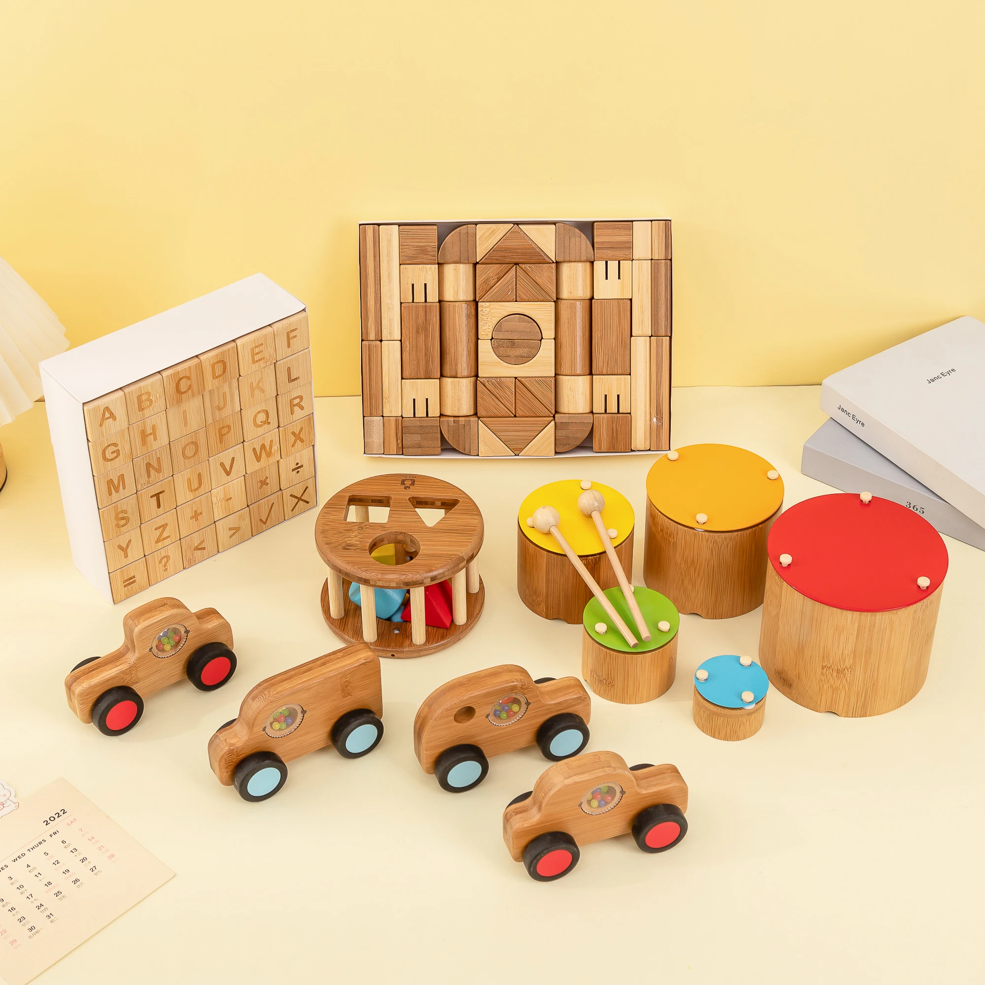 UDEAS Bamboo Set Musical Folding Drum Toy Mini Car Play Early Learning Sorting Set Wooden Montessori Toy