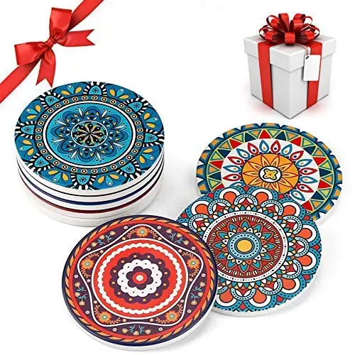 Absorbent Stone cup mat Coasters for Drinks Set of 8 Mandala Ceramic Coasters with Cork Base