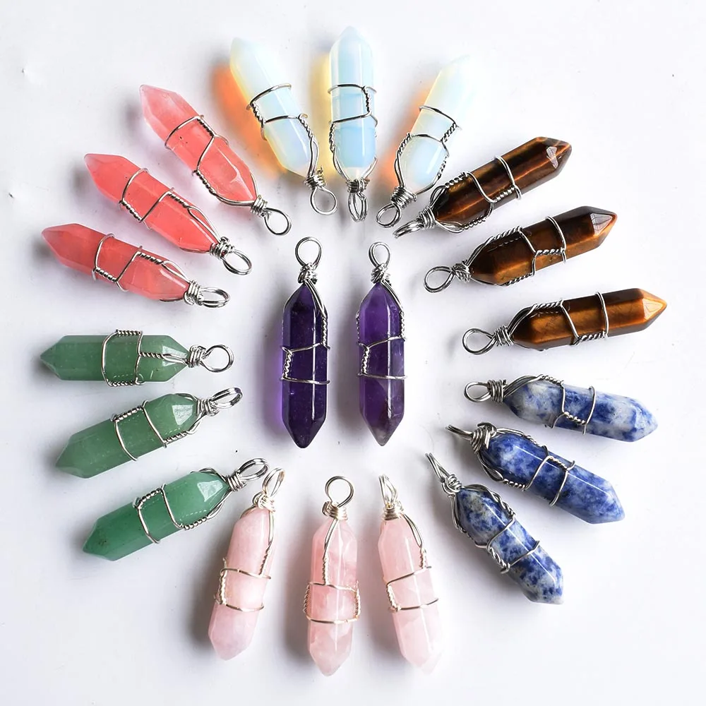 Fashion Chakra  Natural Amethysts lapis lazuli tiger eye stone Hexagonal charms handmade iron wire pendants for jewelry making