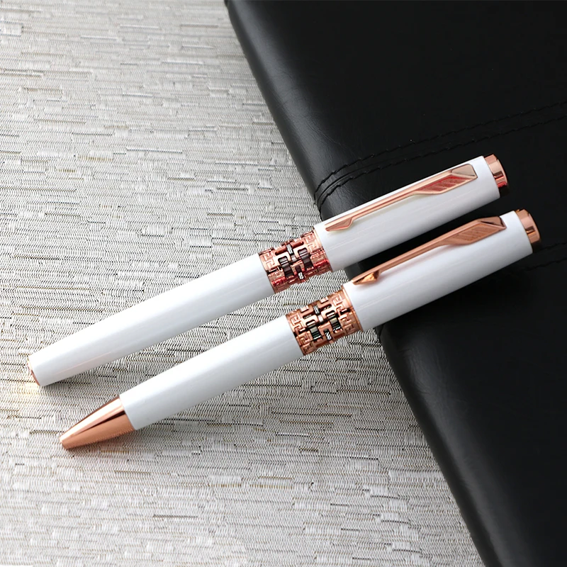 Luxury double pen set elegant white rose gold carved embroidery rollerball ballpoint pen sublimate pen black