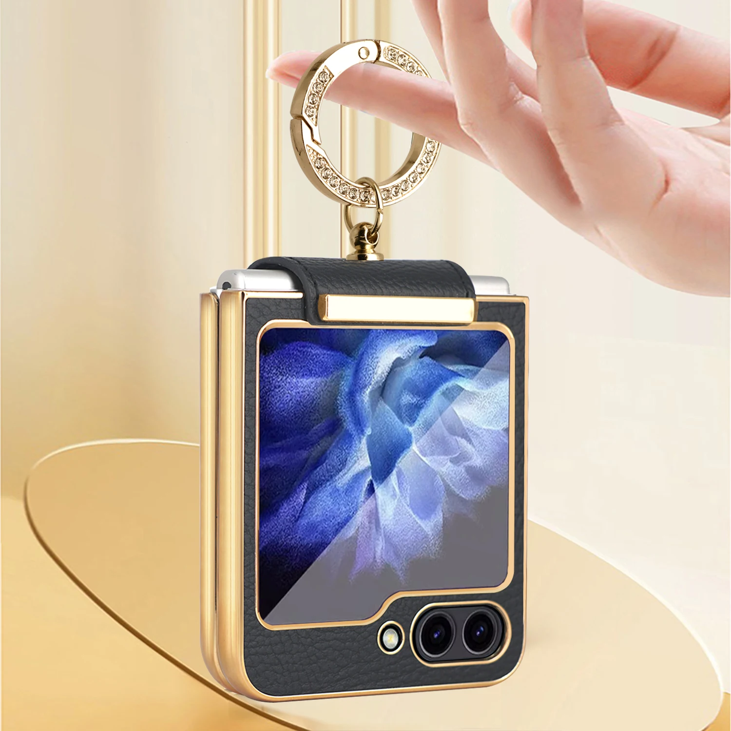 VIETAO Fashion Design For Samsung z fold 5 ring case Gold Plating frame black leather z flip 5 cover with diamond ring holder