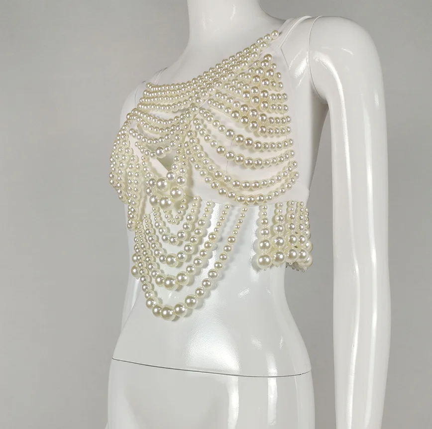 Ocstrade Fashion White Pearl Body Jewelry Chain Strap Pearl Vest Sexy Handmade Body Chain Jewelry For Women Crop Top
