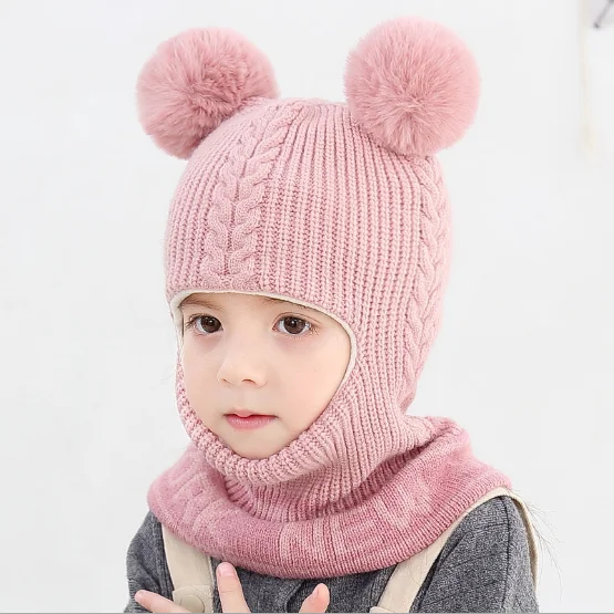 Thick Beanie Warm Winter Hat Kids Children Knitted Hooded Scarf Knit Letter Pom Pom Earflap Hat Cap Scarves Child Accessories