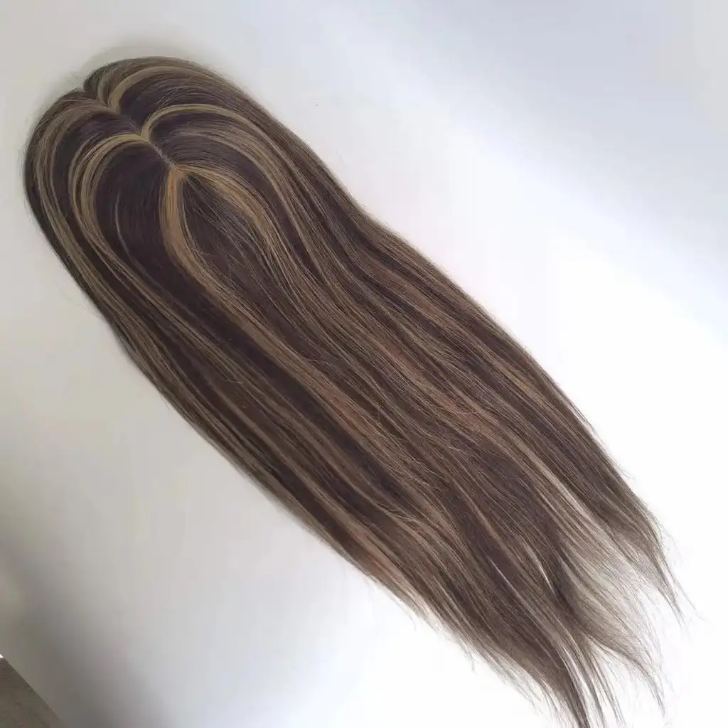 16Inch Skin Base Virgin Human Hair Blonde Highlighted Topper With 5 Clips In Silk Top