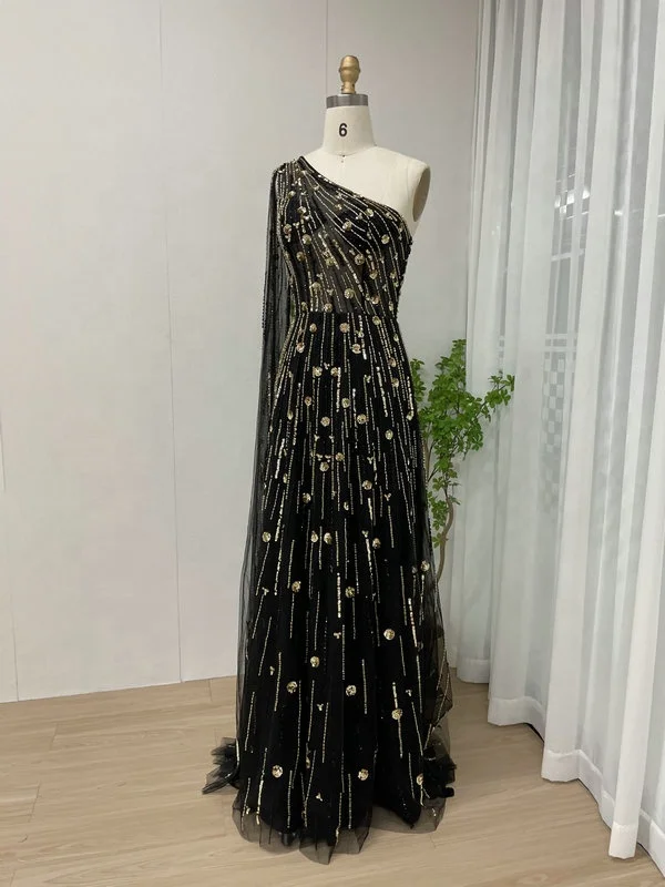 2024 Latest Elegant Beaded Sequin One Shoulder Cape Sleeve A Line Dubai Evening Gowns Prom Dress Vestidos De Fiesta Wholesale