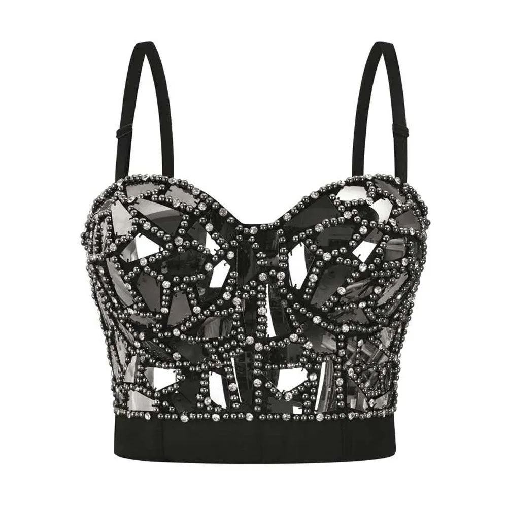 Low MOQ Sleeveless Sexy Nightclub Party Rhinestone Sequins Corset Top Crop Tops Women shapers