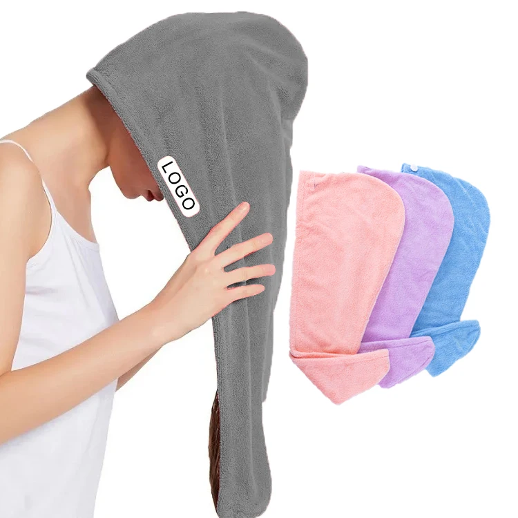 Wholesale coral fleece hair towel super absorbent Quick Dry microfibre hair turban towel with button