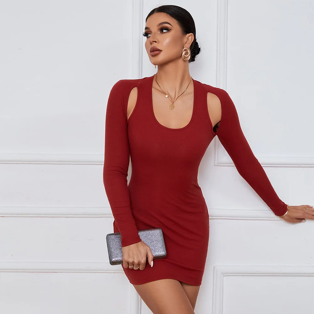 All Match Sexy Off Shoulder Long Sleeved  A Line Tight Mini Party Dress