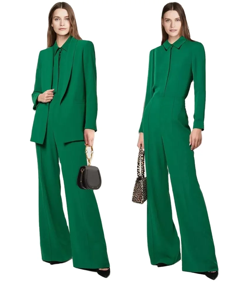 High class Straight Cutting Women Chic Blazer Suit Styled With High Waist Flared Pants Shawl Lapel Formal Green Suit Jacket