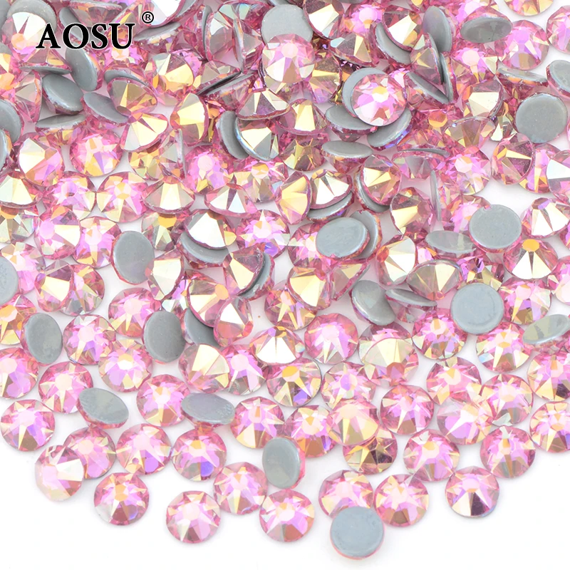 AOSU Wholesale SS6-SS40 8 Big 8 Small 16 Cut Facets Flatback Glass Strass Rose AB Crystals Hotfix Rhinestones For Dress