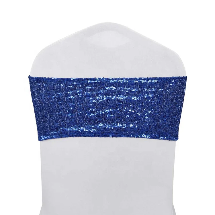 Elastic Banquet party home wedding shiny navy blue gold sequin spandex chair bands sashes