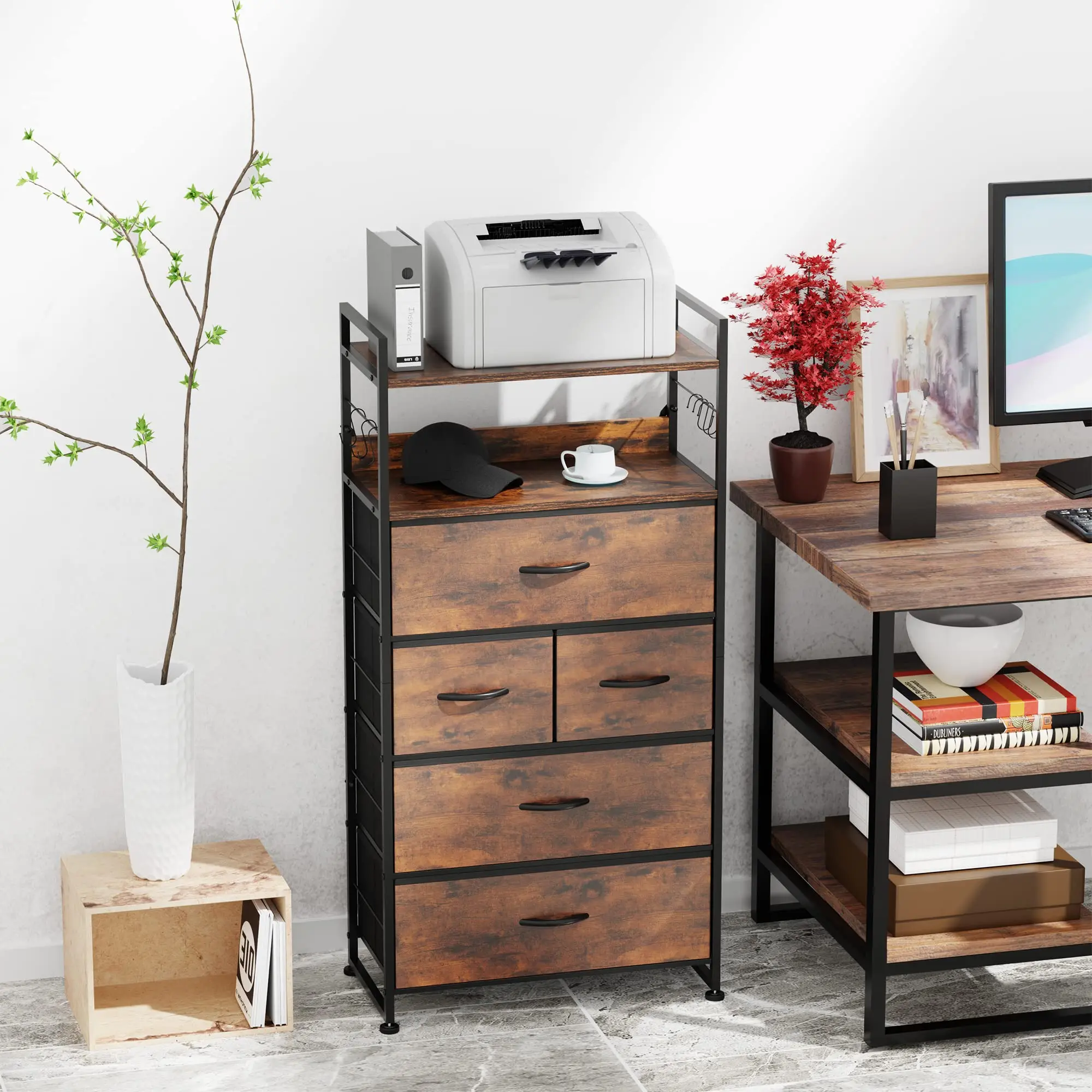 Bedroom Easy Pull Handle Wood Tabletop Sturdy Metal Frame Cationic Fabric 5 Drawers Storage Organizer Unit