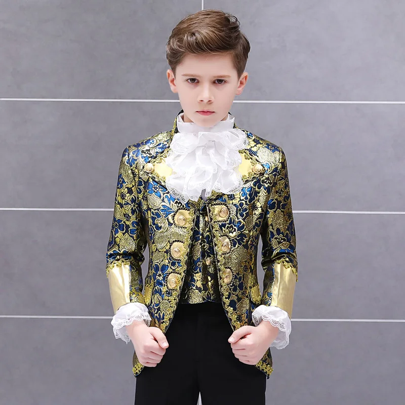 New Vintage Renaissance Antique Floral Patterns Three Pieces Children Boys Suits Performance Prince Charming Cosplay Kids Suit