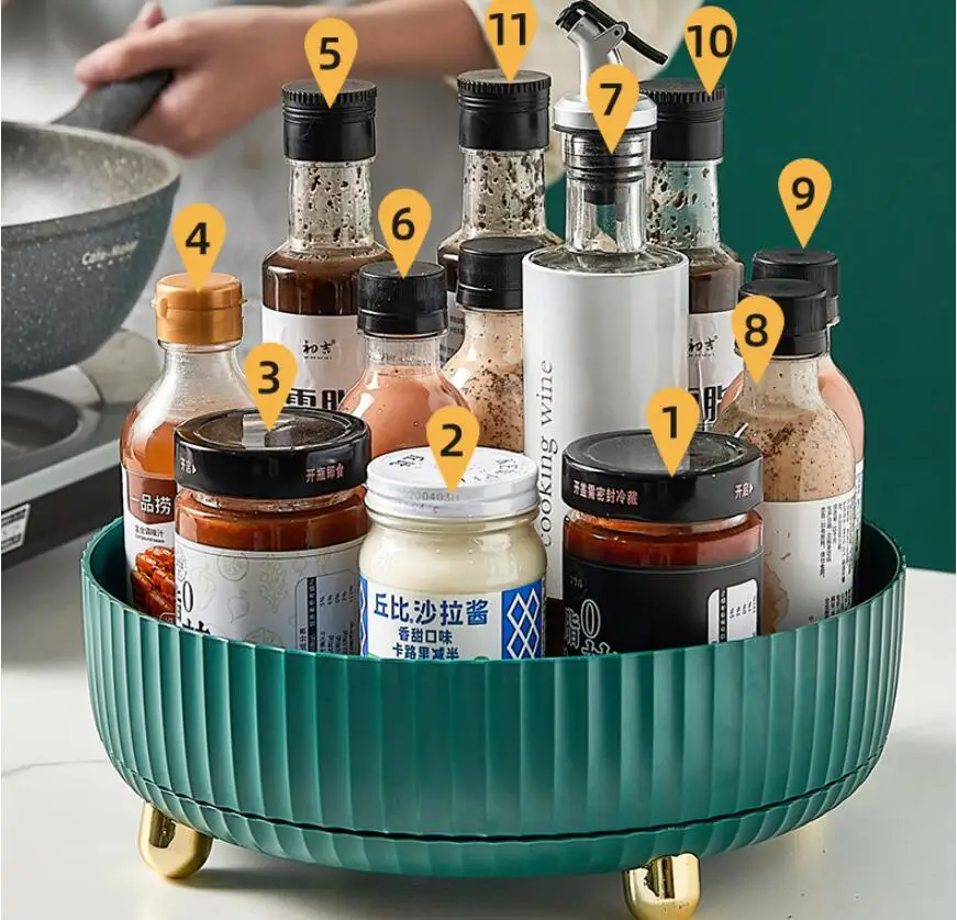 Kitchen turntable sorting soy sauce vinegar bottle seasoning goods storage rack rotatable tray