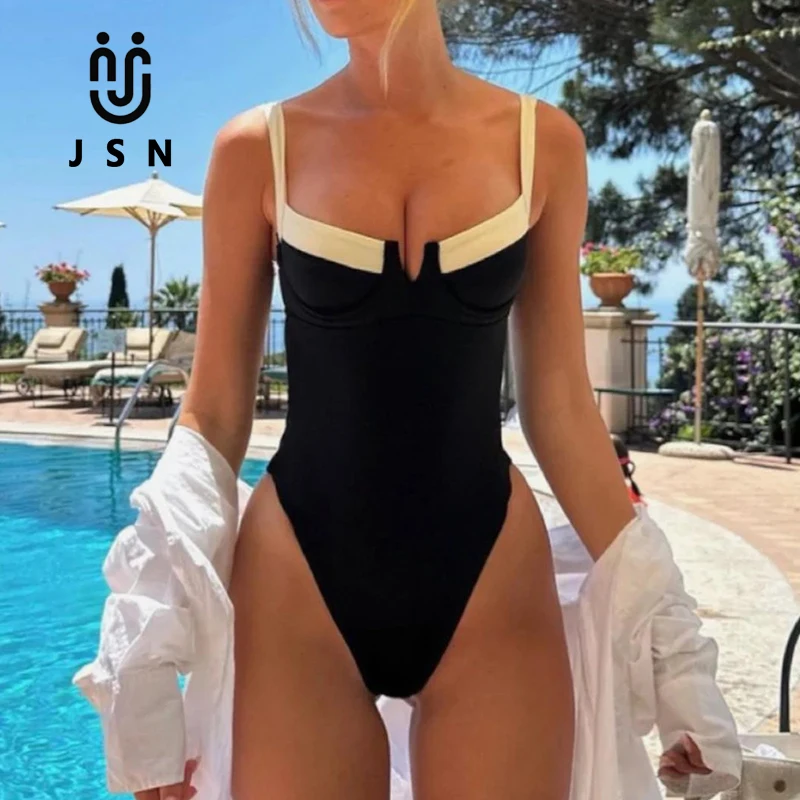 JSN 2024 новый купальный костюм черно-белый классический купальник с пуш-ап бикини женский цельный