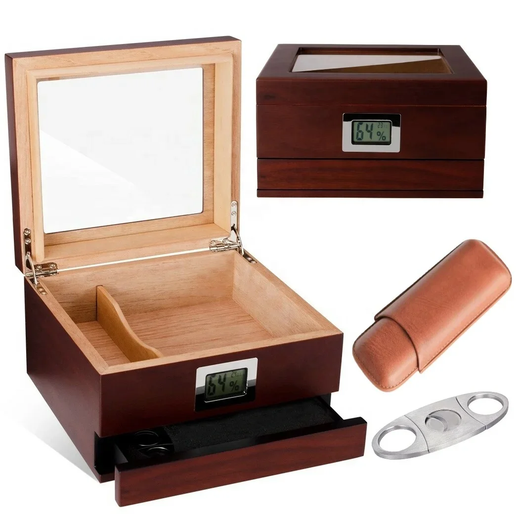 Handmade Cigar Humidors Box Set with Cigar Cutter and PU Leather Bag
