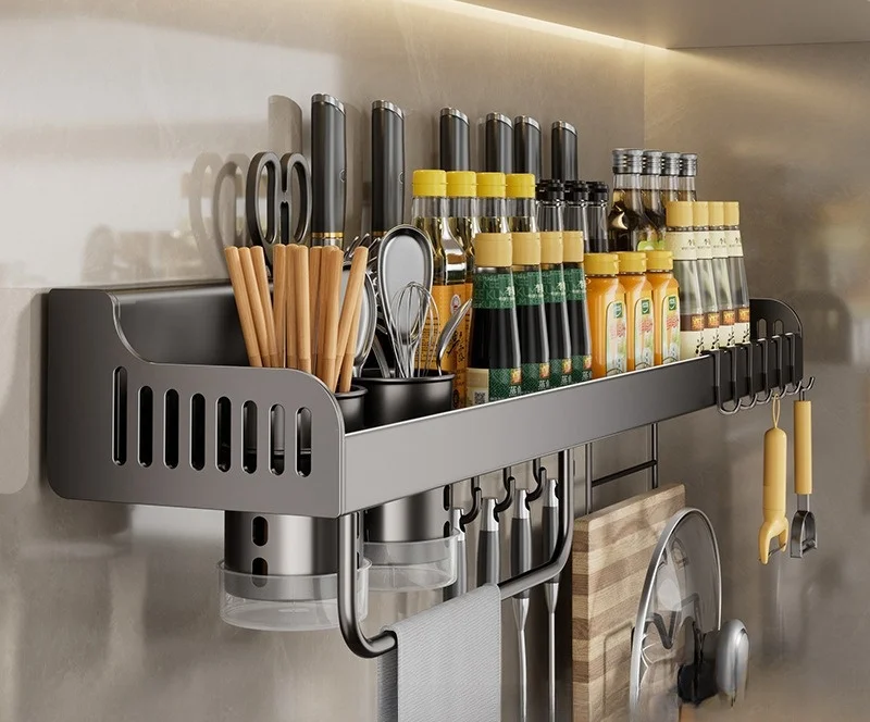 hot selling knife holder tool storage racks shelving units tableware shelf kitchen utensils holder rack with towel hanger