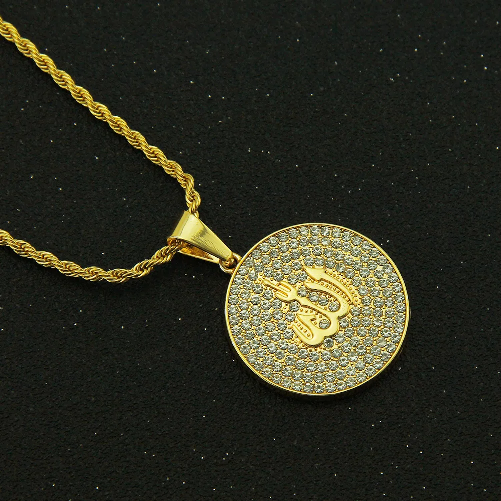 Muslim Islam Koran Allah Badge Coin Pendant Necklace Gold Plated Middle East Alloy Fashion Customized Jewelry Handmade Zircon RQ