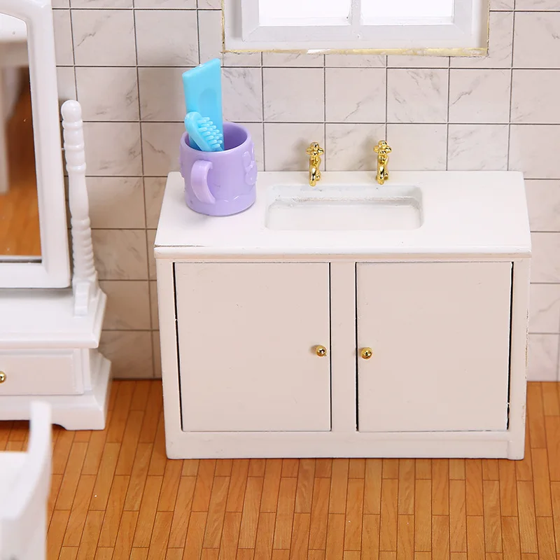 White 1:12 Scale Dollhouse Kitchen Sink Miniature Wood Dolls House Miniature Accessories Cabinet Furniture