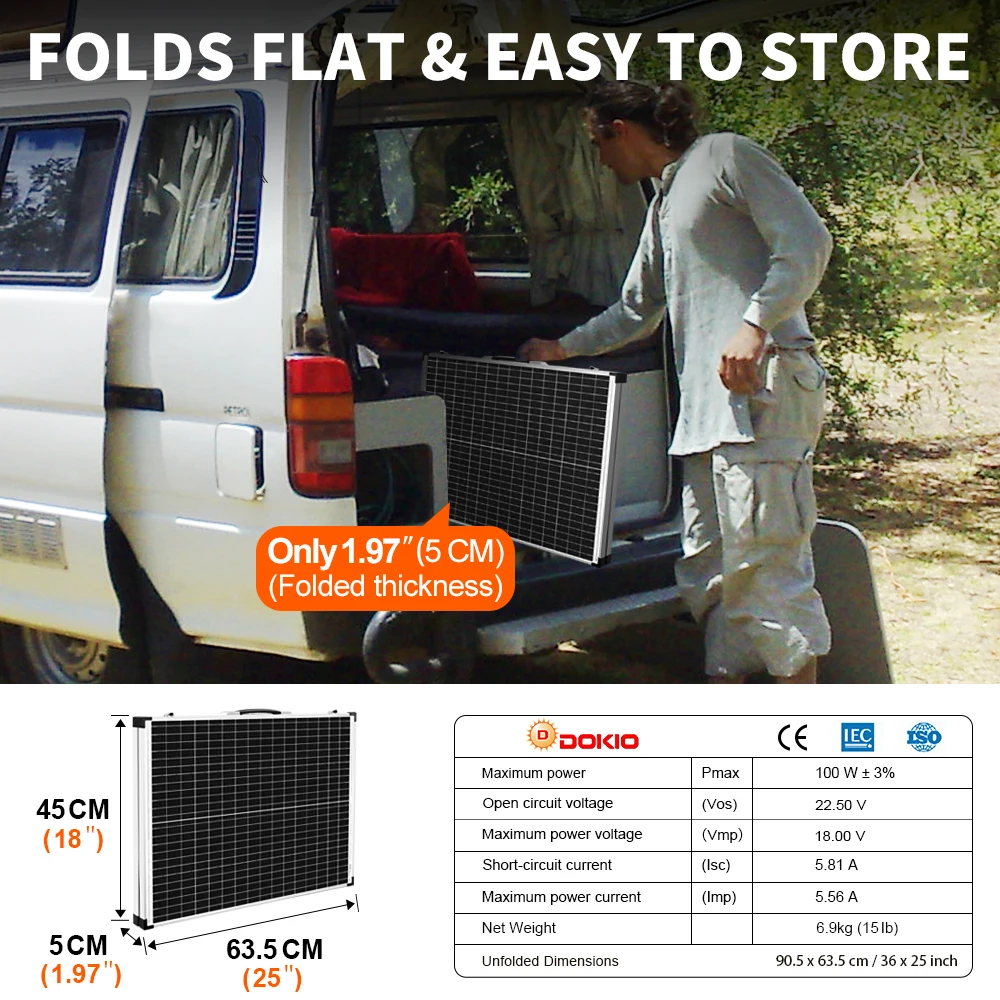 DOKIO 100W Portable Folded Panel Solar Foldable 100watt Folding Solar Blanket for RV Power Station
