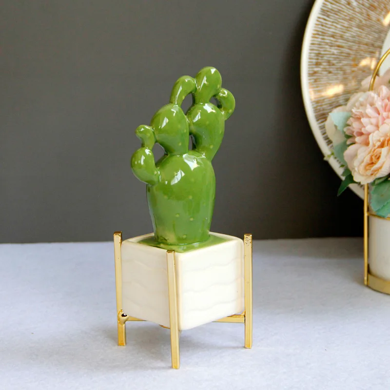 Light Luxury European Home Decoration Ceramic Metal Combination Pastoral Style Desktop Potted Cactus Desktop