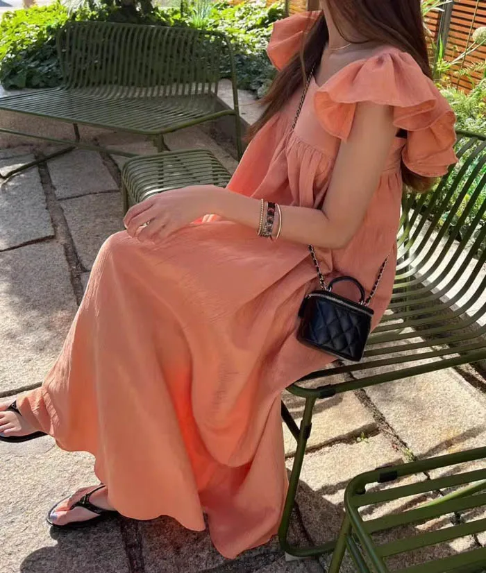 L6760  New 2024 Korean Fashion Solid Color Sweet Fly Sleeve Square Neck Casual Dress Women Clothing 5