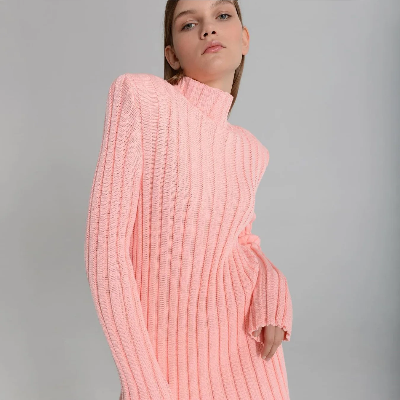 2021 Fall Fashion Candy Color Shoulder Pad Knit Turtleneck Casual Two Piece Sweater Set For