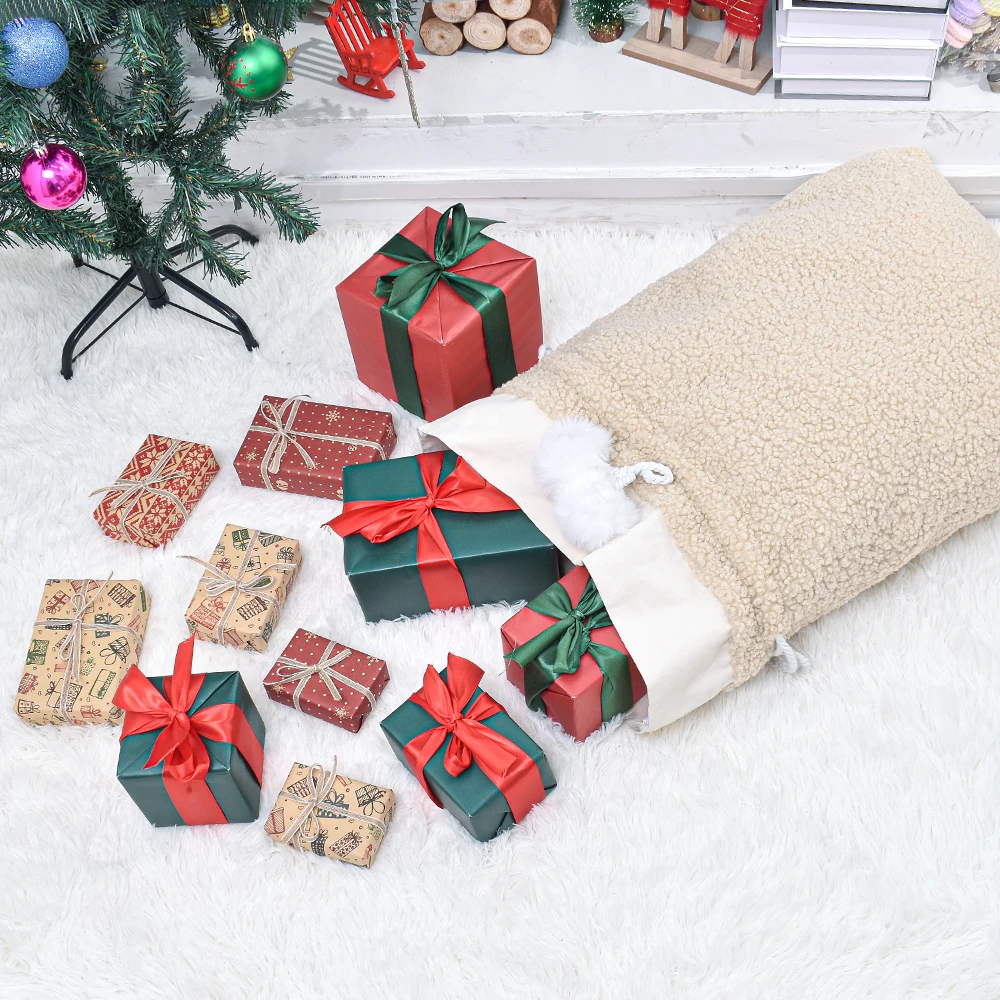 High Quality Blank Santa Sack with Matching Stocking Personalized Boucle Christmas Santa Sack With Pom Pom