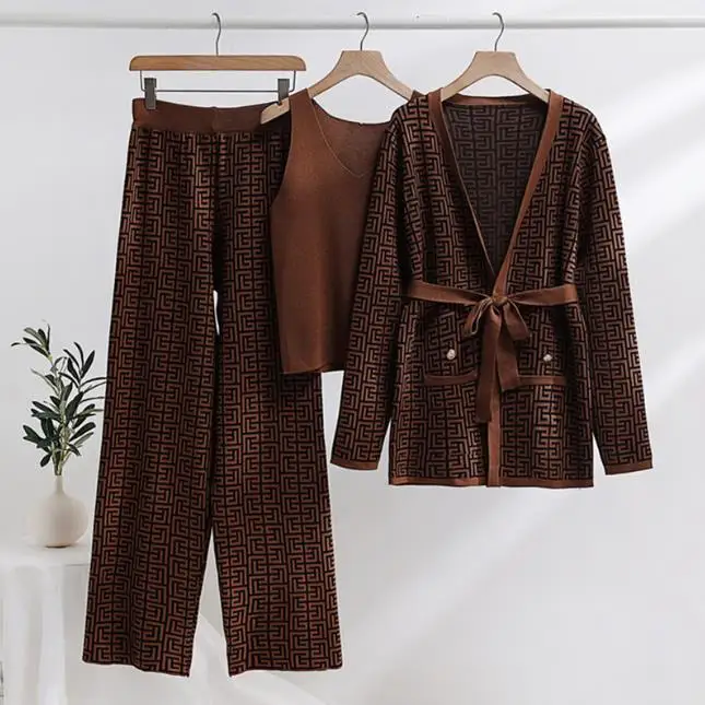Spring Autumn Set Women Fashion Back Jacquard Coat Vest Knitted Pants Three Piece Suit Ladies 3 Pieces Knitting Set
