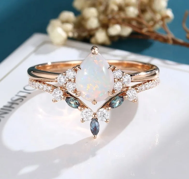 White Opal Jewelry 925 Sterling Silver Rose Gold Plating Pear Shape White Opal Women Fine Ring Set