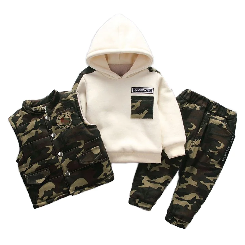 Winter boy camouflage hoodie with vest and pants 3 pieces set of clothing kids hoodie children clothes