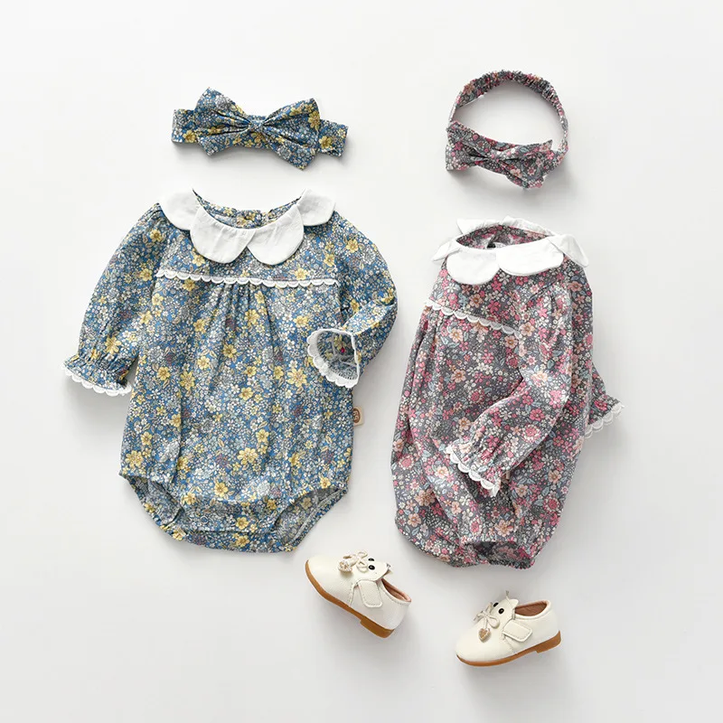 Autumn Korean Casual Baby Breathable Floral Cotton Triangle Romper Princess Outing Clothes