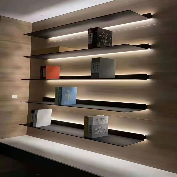 customization Minimalist furniture aluminum products wall hanging display stand with lamp