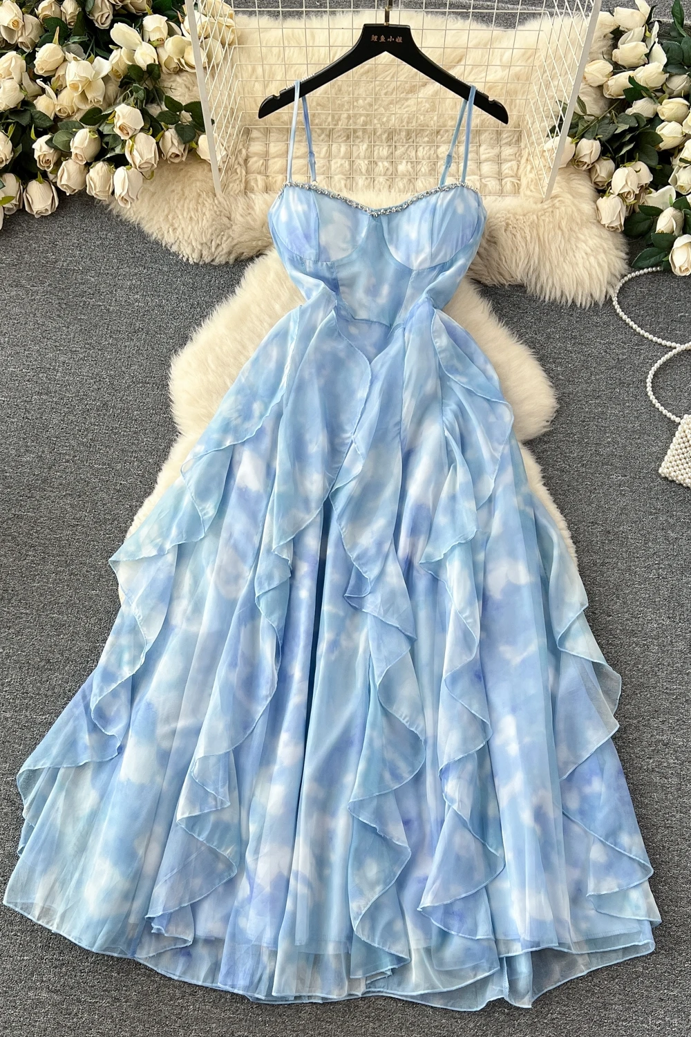 Summer Fairycore Tunic Midi Dress For Women Strapless Sleeveless Diamonds Ruffled Lace Dresses Ladies Elegant Dresses