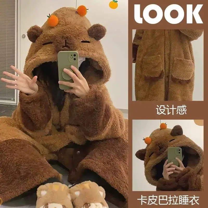 RuunJoy Cute Capybara Winter Pajamas Cartoon Animal Soft Plush Jumpsuit For Adults Kawaii Velvet Robe Home Clothes Set Gift
