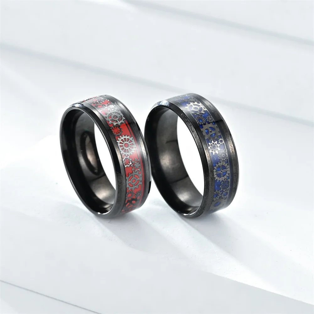 Wholesale Punk 8MM O Shape Rings Silver Black Stainless Steel Multi Color Oil Drip Pattern Gear Finger Rings